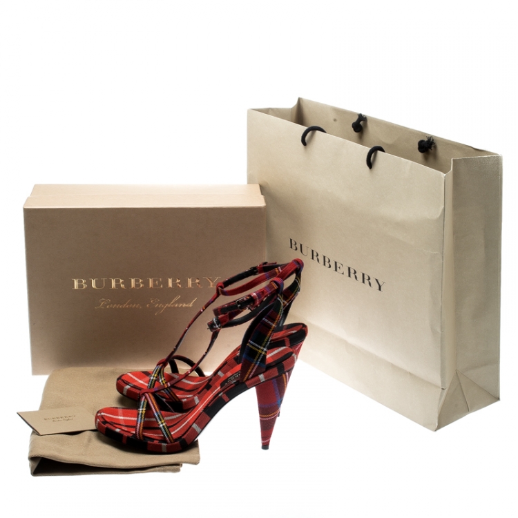 Pre Owned Burberry Red Checkered Wool Hans T Strap Sandals Size 37