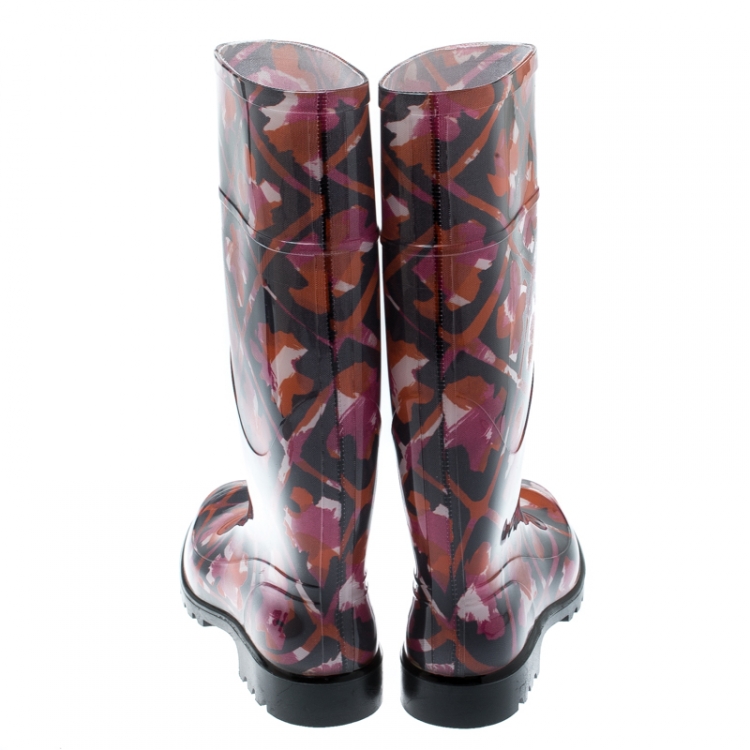 Pre Owned Burberry Multicolor Floral Geometric Rubber Carleton Rain Boots Size 38
