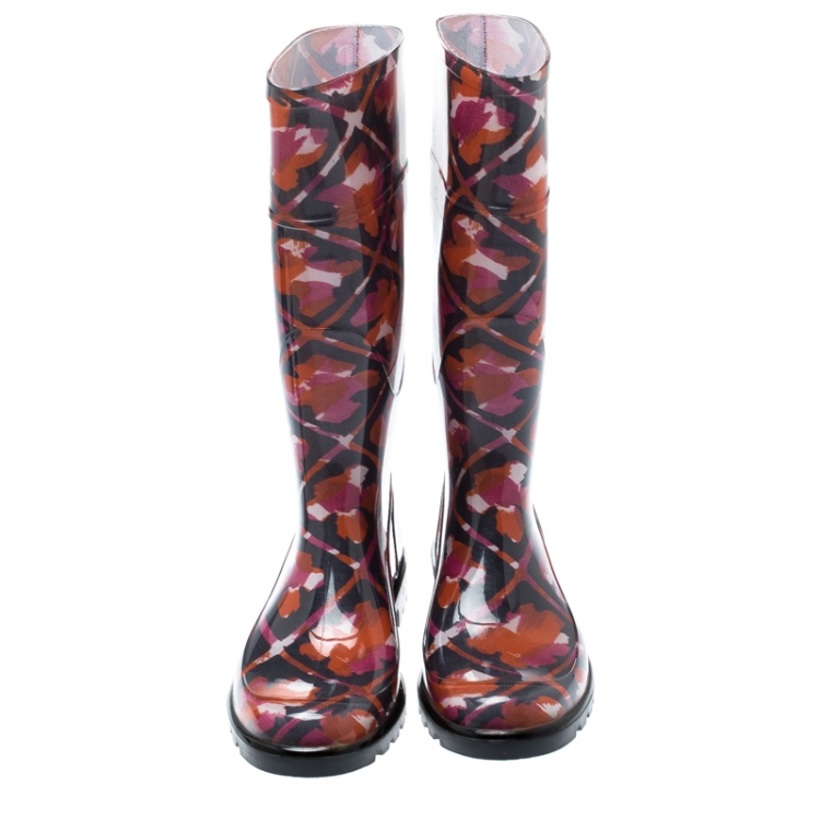 Pre Owned Burberry Multicolor Floral Geometric Rubber Carleton Rain Boots Size 38