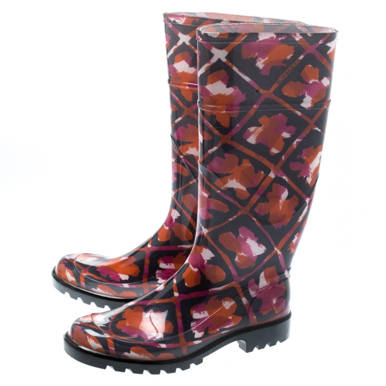 Pre Owned Burberry Multicolor Floral Geometric Rubber Carleton Rain Boots Size 38