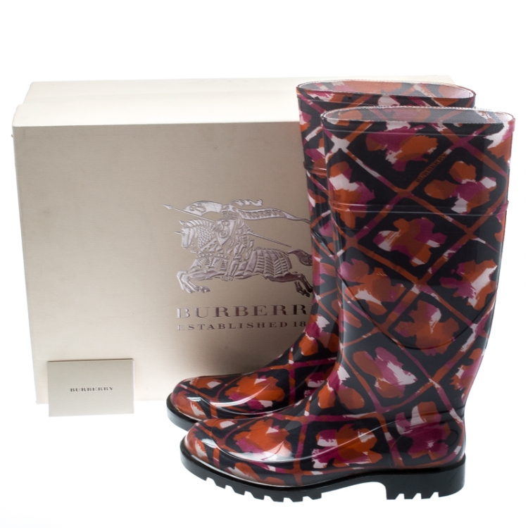 Pre Owned Burberry Multicolor Floral Geometric Rubber Carleton Rain Boots Size 38