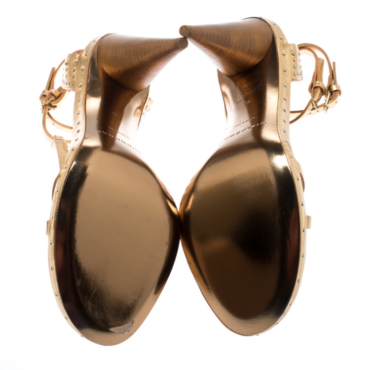 Pre Owned Burberry Metallic Gold Leather Hans T Strap Sandals Size 36