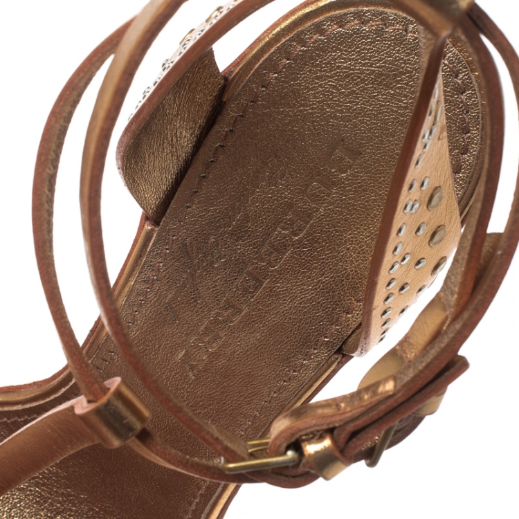 Pre Owned Burberry Metallic Gold Leather Hans T Strap Sandals Size 36