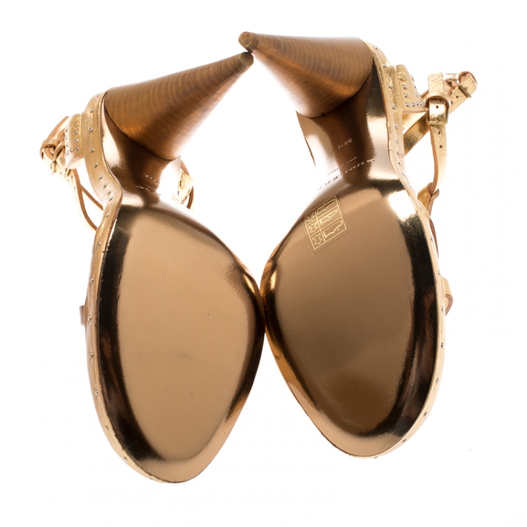 Pre Owned Burberry Metallic Gold Leather Hans T Strap Sandals Size 39.5