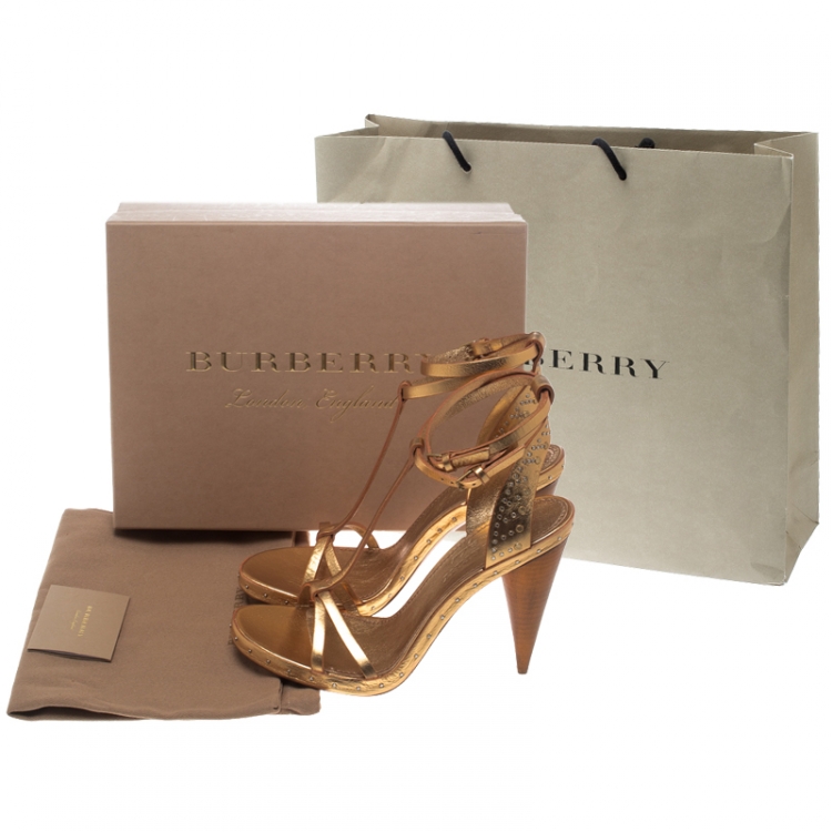 Pre Owned Burberry Metallic Gold Leather Hans T Strap Sandals Size 38.5