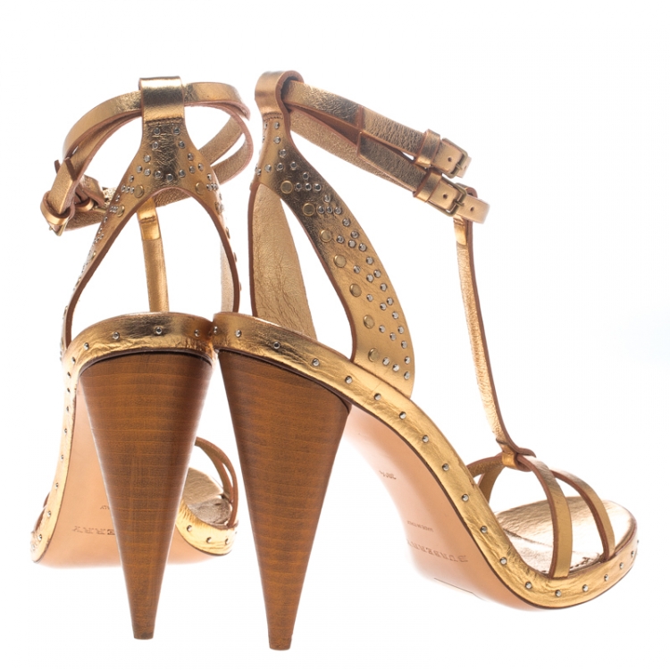 Pre Owned Burberry Metallic Gold Leather Hans T Strap Sandals Size 38.5
