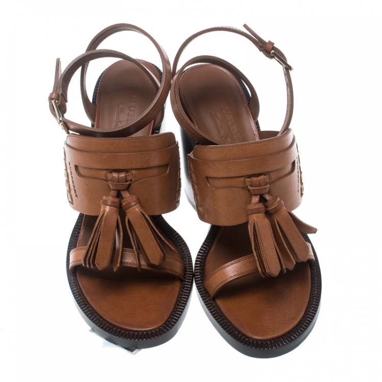 Pre Owned Burberry Cognac Brown Leather Bethany Tassel Detail Block Heel Sandals Size 39