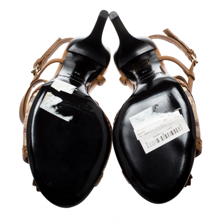 Pre Owned Burberry Beige/Brown Haymarket Check Canvas And Leather Tassel Detail Cross Strap Sandals Size 36