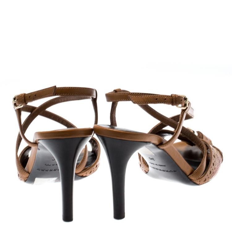 Pre Owned Burberry Beige/Brown Haymarket Check Canvas And Leather Tassel Detail Cross Strap Sandals Size 36