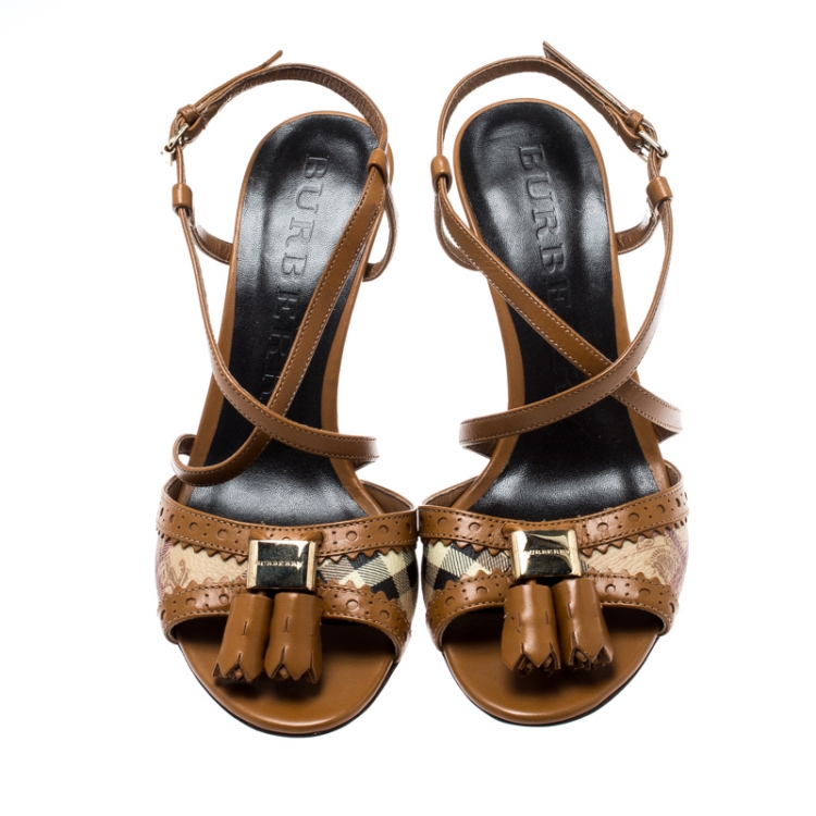 Pre Owned Burberry Beige/Brown Haymarket Check Canvas And Leather Tassel Detail Cross Strap Sandals Size 36