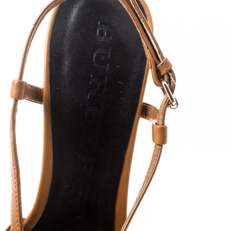 Pre Owned Burberry Beige/Brown Haymarket Check Canvas And Leather Tassel Detail Cross Strap Sandals Size 36