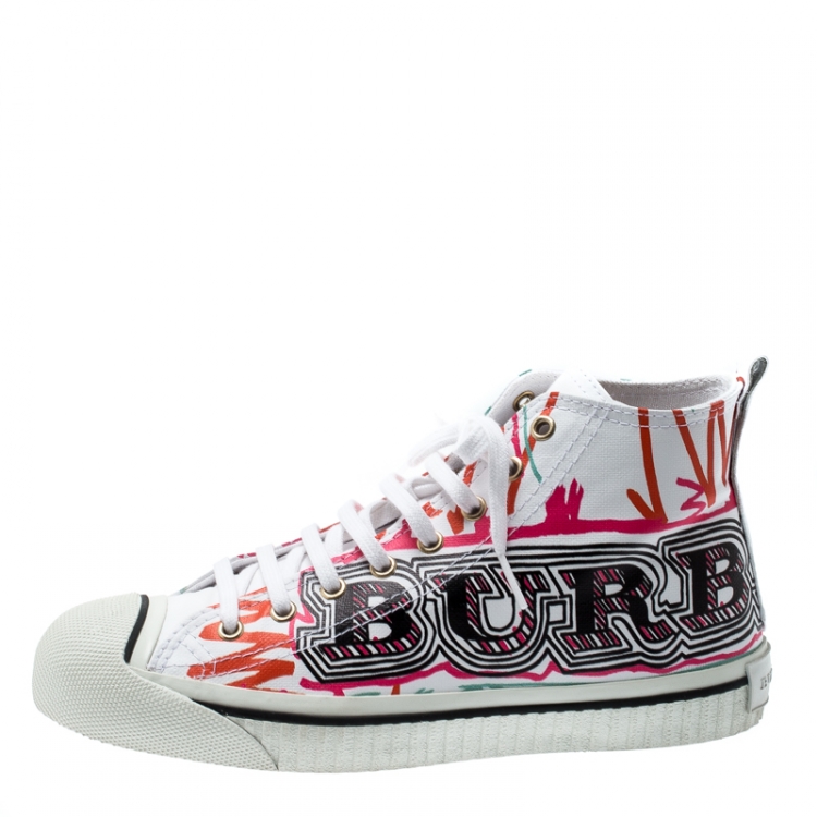 Pre Owned Burberry White Canvas Kingly Mark Print High Top Sneakers Size 40