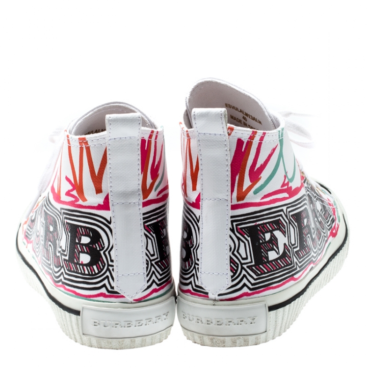 Pre Owned Burberry White Canvas Kingly Mark Print High Top Sneakers Size 40