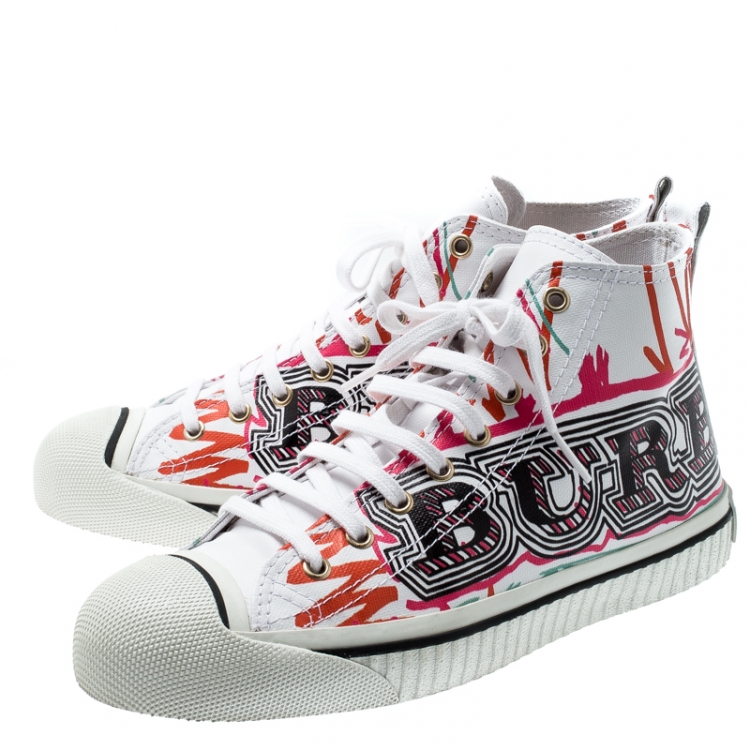 Pre Owned Burberry White Canvas Kingly Mark Print High Top Sneakers Size 40