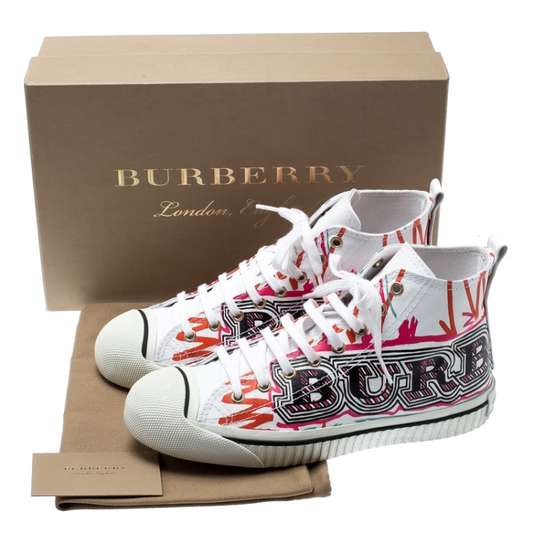 Pre Owned Burberry White Canvas Kingly Mark Print High Top Sneakers Size 40