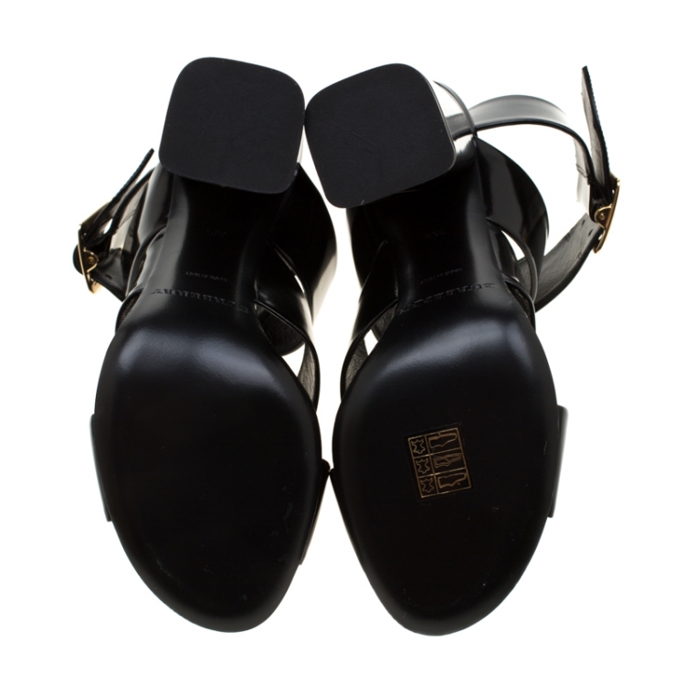 Pre Owned Burberry Black Leather Blaine Trench Buckle Cross Strap Block Heel Sandals Size 36.5