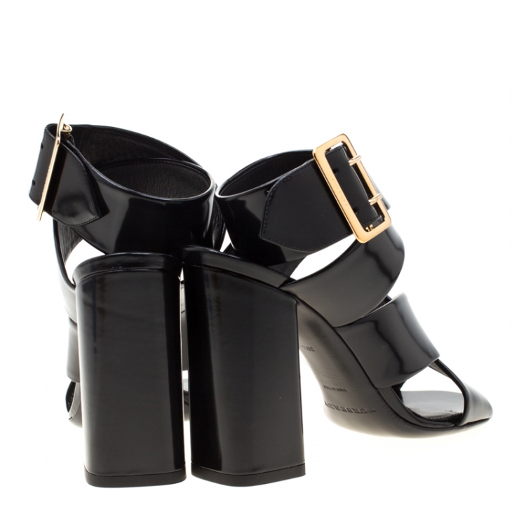 Pre Owned Burberry Black Leather Blaine Trench Buckle Cross Strap Block Heel Sandals Size 36.5