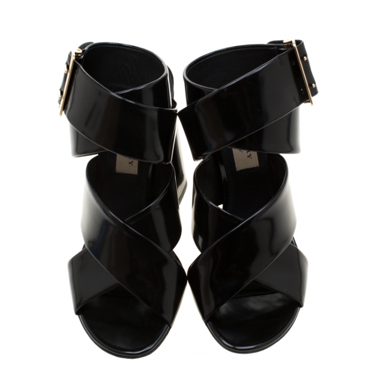 Pre Owned Burberry Black Leather Blaine Trench Buckle Cross Strap Block Heel Sandals Size 36.5