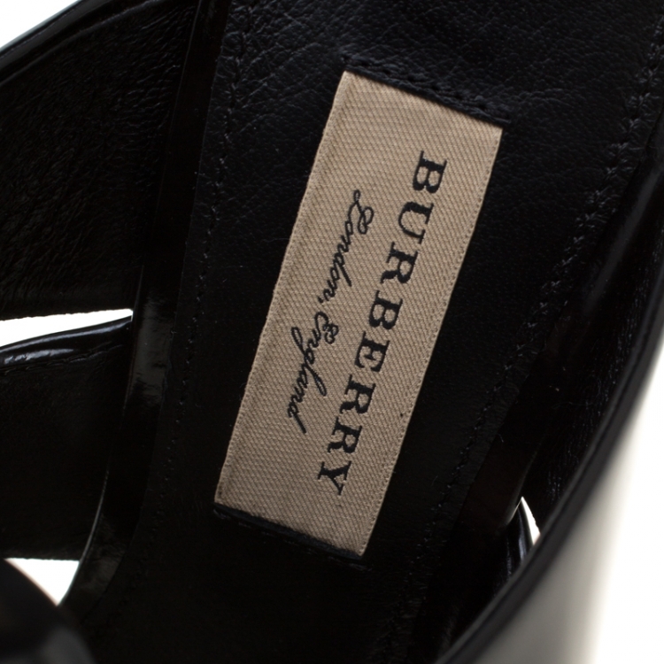 Pre Owned Burberry Black Leather Blaine Trench Buckle Cross Strap Block Heel Sandals Size 36.5
