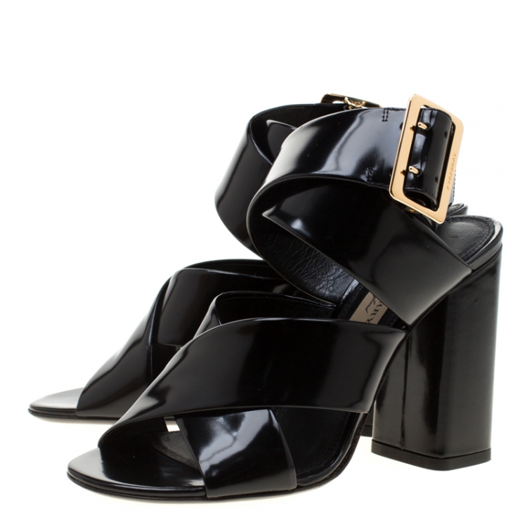 Pre Owned Burberry Black Leather Blaine Trench Buckle Cross Strap Block Heel Sandals Size 36.5
