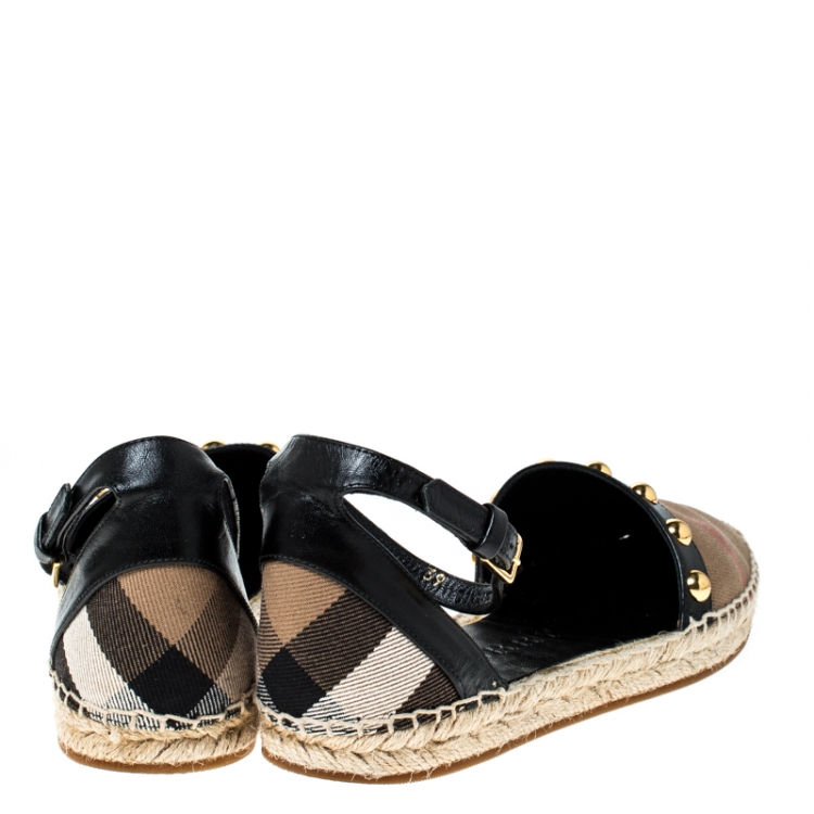 Pre Owned Burberry Black Leather And Nova Check Canvas Abbingdon Studded Espadrille Flats Sandal Size 39