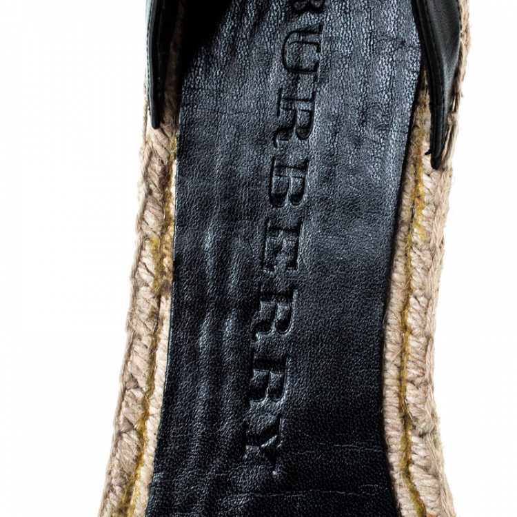 Pre Owned Burberry Black Leather And Nova Check Canvas Abbingdon Studded Espadrille Flats Sandal Size 39