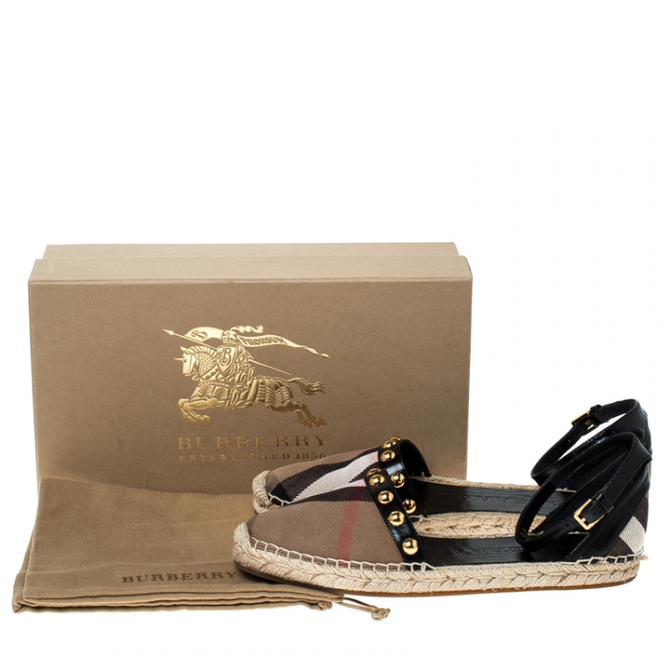 Pre Owned Burberry Black Leather And Nova Check Canvas Abbingdon Studded Espadrille Flats Sandal Size 39