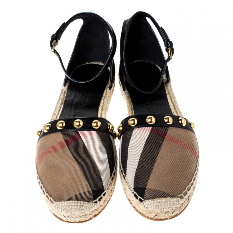 Pre Owned Burberry Black Leather And Nova Check Canvas Abbingdon Studded Espadrille Flats Sandal Size 39