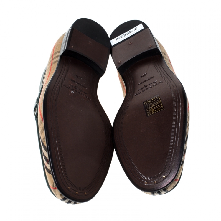 Pre Owned Burberry Green Leather And Beige Check Canvas Moorley Loafers Size 36.5