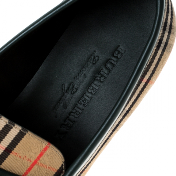 Pre Owned Burberry Green Leather And Beige Check Canvas Moorley Loafers Size 36.5