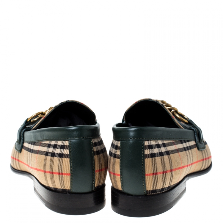 Pre Owned Burberry Green Leather And Beige Check Canvas Moorley Loafers Size 36.5