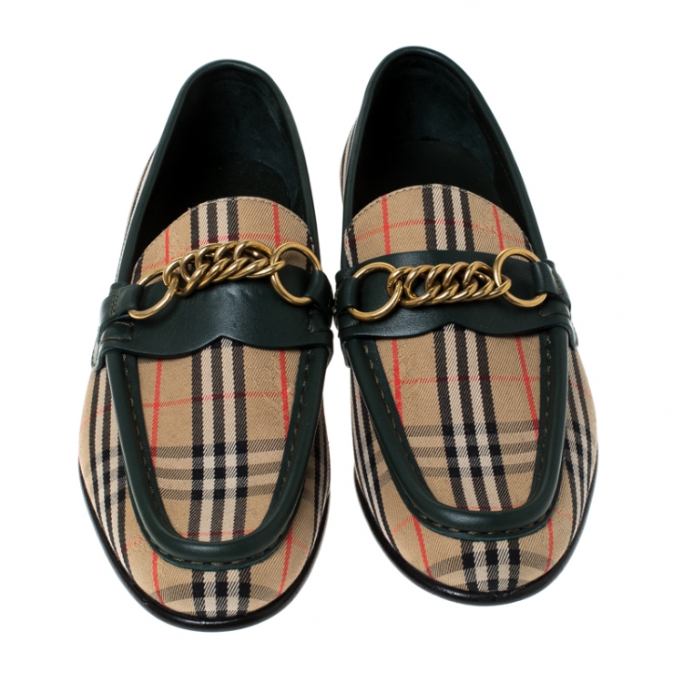 Pre Owned Burberry Green Leather And Beige Check Canvas Moorley Loafers Size 36.5