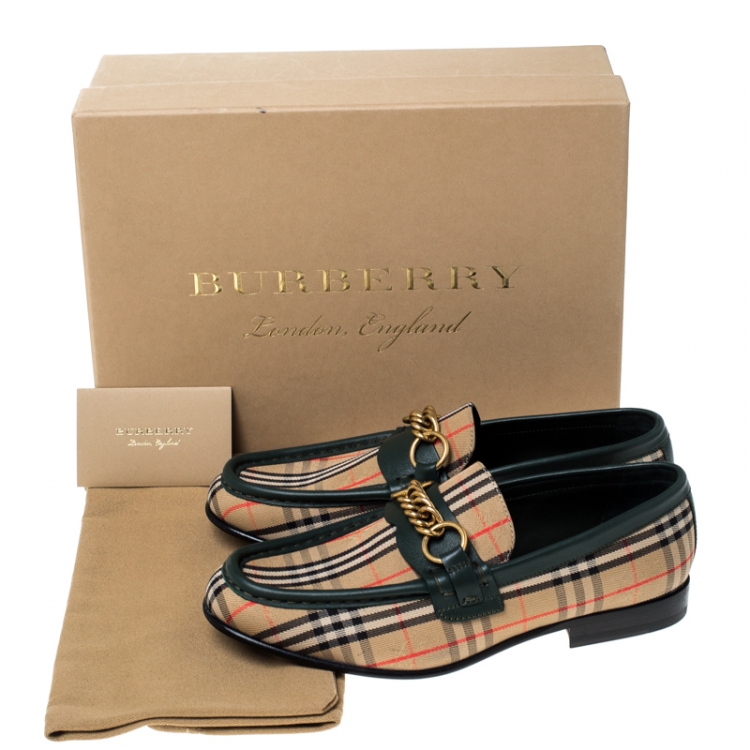 Pre Owned Burberry Green Leather And Beige Check Canvas Moorley Loafers Size 36.5