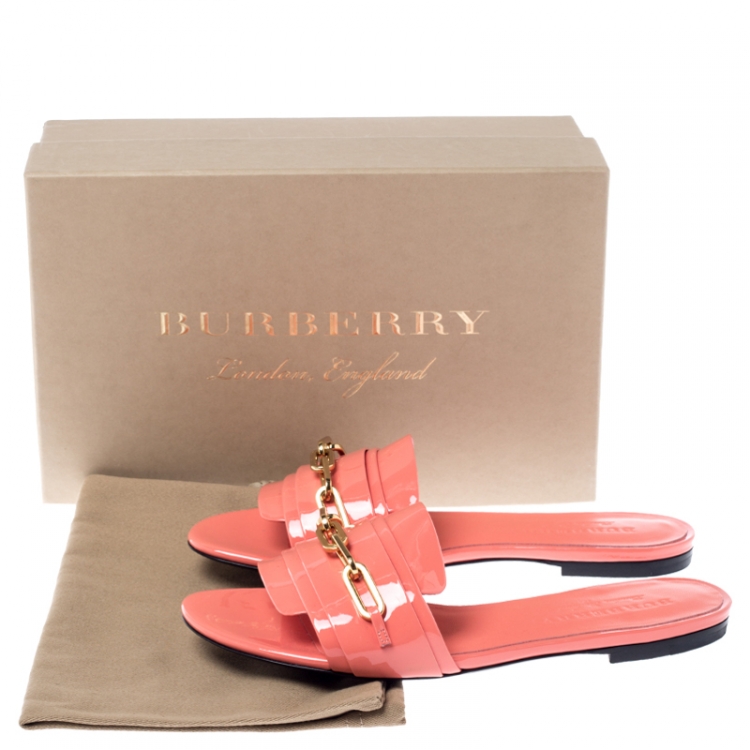 Pre Owned Burberry Coral Orange Patent Leather Coleford Flat Slides Size 37.5