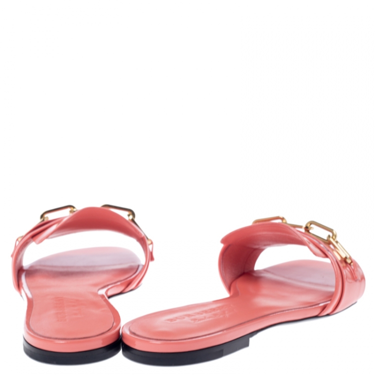 Pre Owned Burberry Coral Orange Patent Leather Coleford Flat Slides Size 37.5