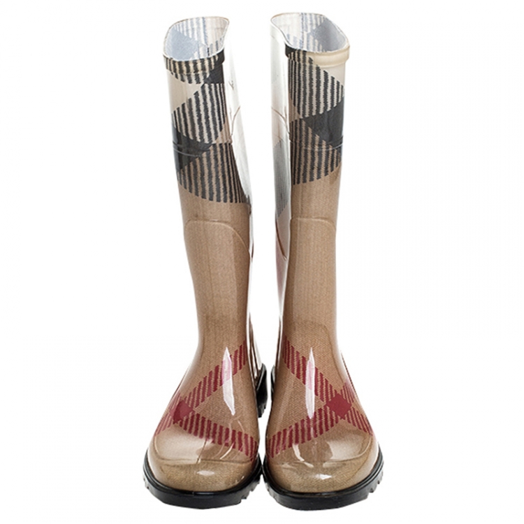 Pre Owned Burberry Beige Check Rubber Rainboots Mid Calf Boots Size 37