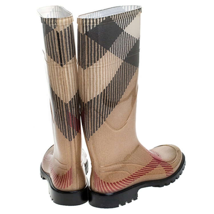 Pre Owned Burberry Beige Check Rubber Rainboots Mid Calf Boots Size 37