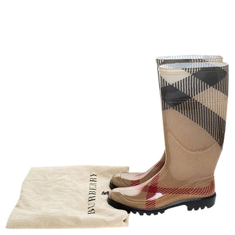 Pre Owned Burberry Beige Check Rubber Rainboots Mid Calf Boots Size 37