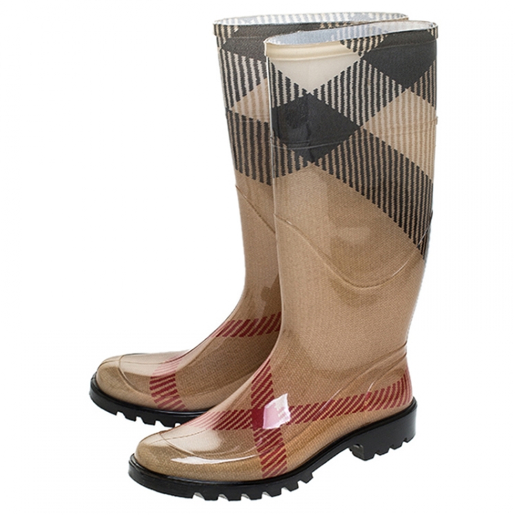 Pre Owned Burberry Beige Check Rubber Rainboots Mid Calf Boots Size 37