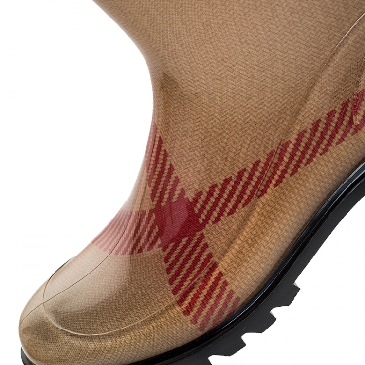 Pre Owned Burberry Beige Check Rubber Rainboots Mid Calf Boots Size 37
