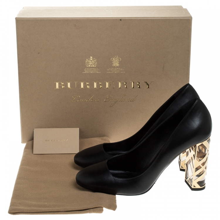 Pre Owned Burberry Black Leather Caged Block Heel Pumps Size 38.5