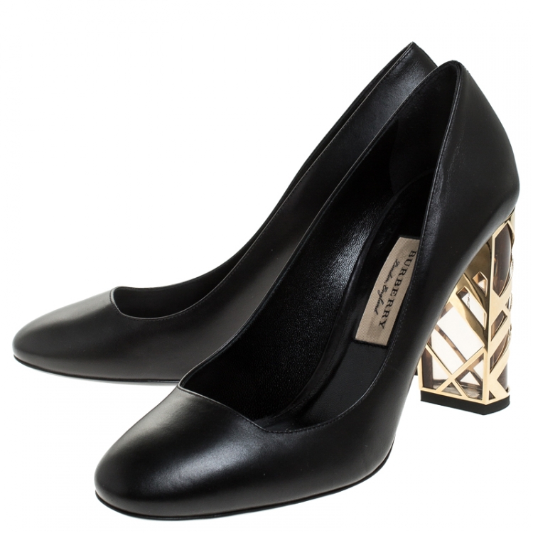 Pre Owned Burberry Black Leather Caged Block Heel Pumps Size 38.5
