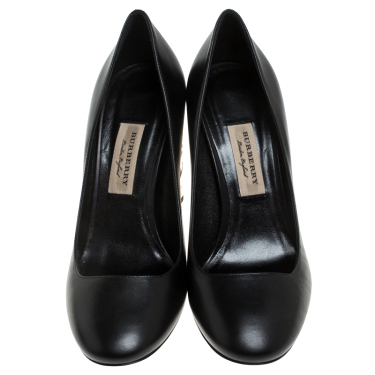 Pre Owned Burberry Black Leather Caged Block Heel Pumps Size 38.5