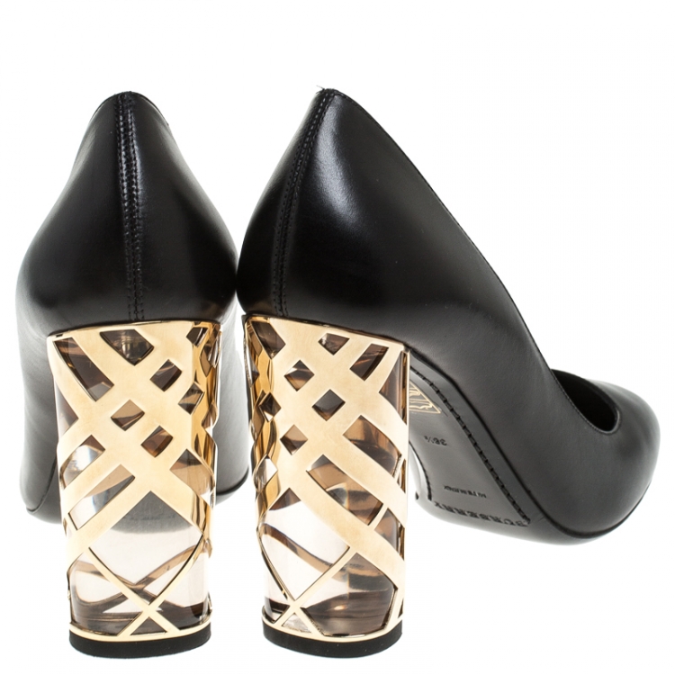 Pre Owned Burberry Black Leather Caged Block Heel Pumps Size 38.5