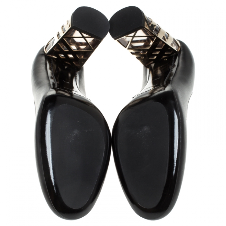 Pre Owned Burberry Black Leather Caged Block Heel Pumps Size 38.5