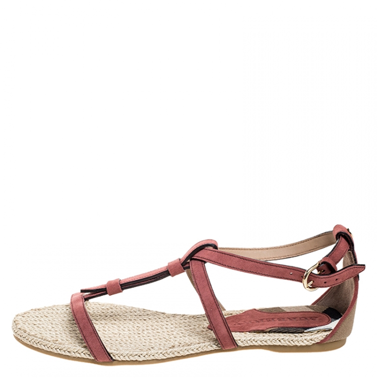 Pre Owned Burberry Suede Westerdale T Strap Espadrille Flat Sandals Size 38