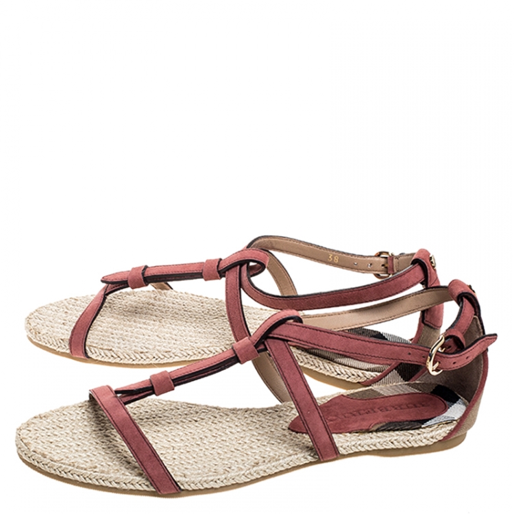 Pre Owned Burberry Suede Westerdale T Strap Espadrille Flat Sandals Size 38