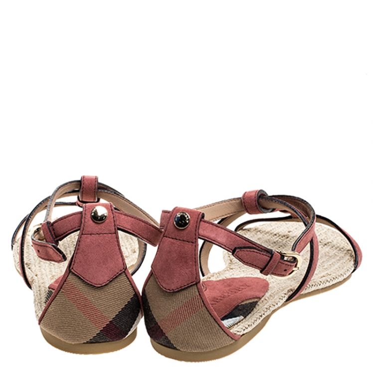 Pre Owned Burberry Suede Westerdale T Strap Espadrille Flat Sandals Size 38