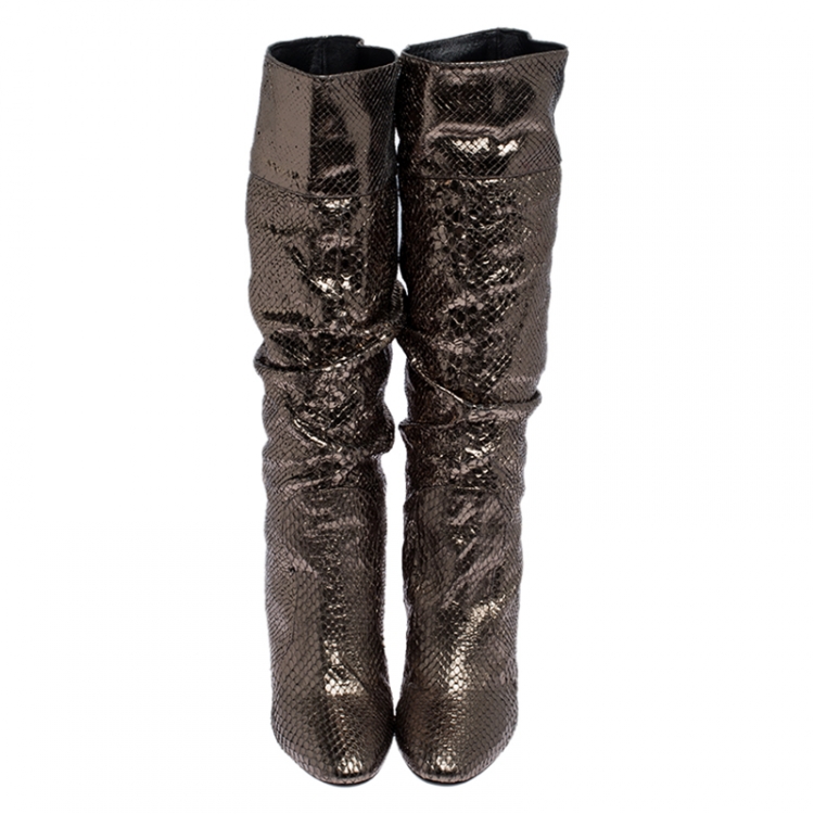 Pre Owned Burberry Metallic Grey Python Leather Ruffle Detail Knee High Boots Size 40
