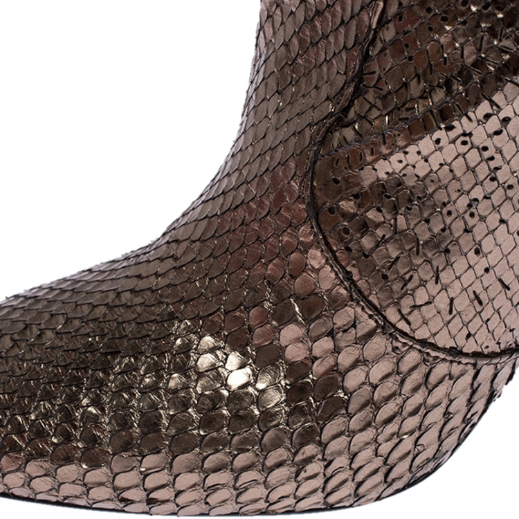 Pre Owned Burberry Metallic Grey Python Leather Ruffle Detail Knee High Boots Size 40